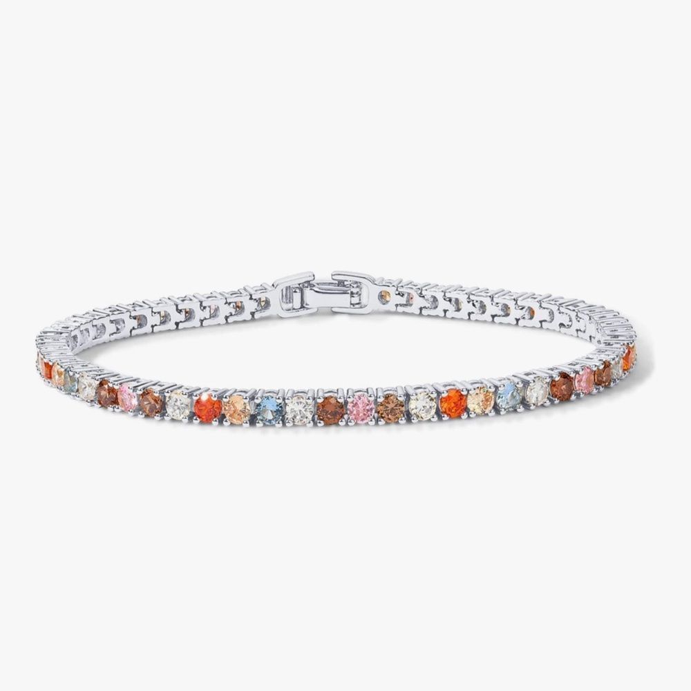 NEW 14k White Gold Plated Multicolor Gemstone Tennis Bracelet